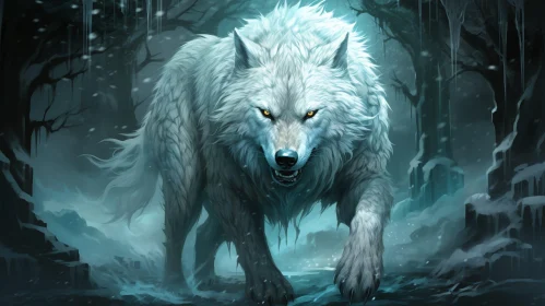 White Wolf in Snowy Forest - Digital Painting