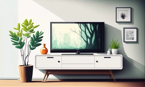Abstract Cartoon Living Room with TV and Plants