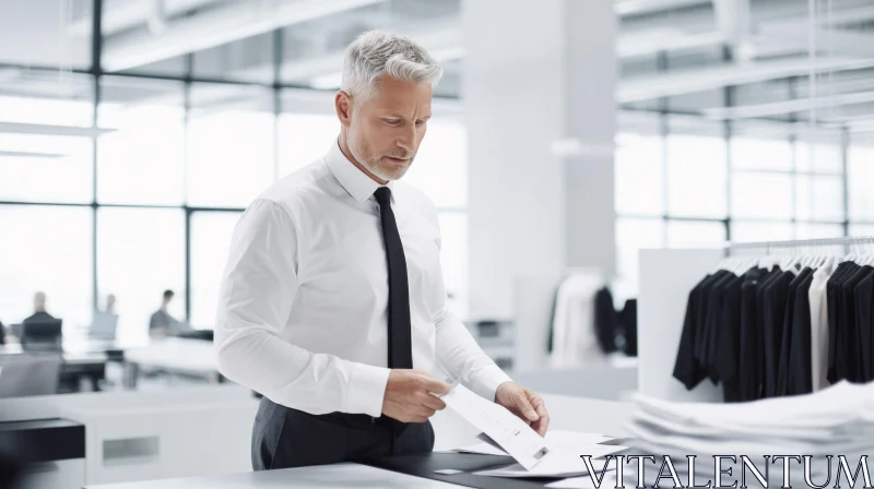 Businessman in Modern Office Examining Document AI Image