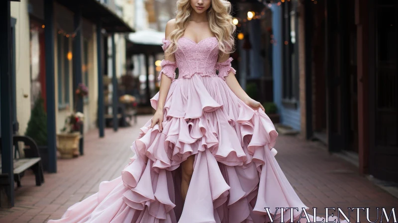 Elegant Woman in Pink Evening Dress on Street AI Image