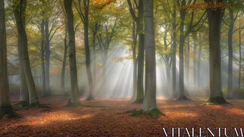 Enchanting Autumn Forest Scene with Sunlight Filtering Through Trees AI Image