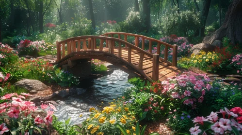 Enchanting Forest Landscape with Wooden Bridge over River