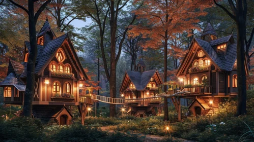Enchanting Forest Scene with Three Tree Houses