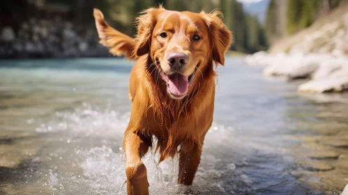 Golden Retriever Dog Running in River