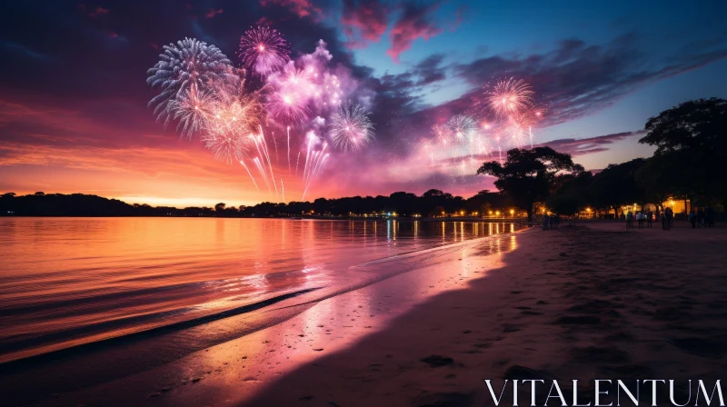 Night Beach Scene with Colorful Fireworks Display AI Image