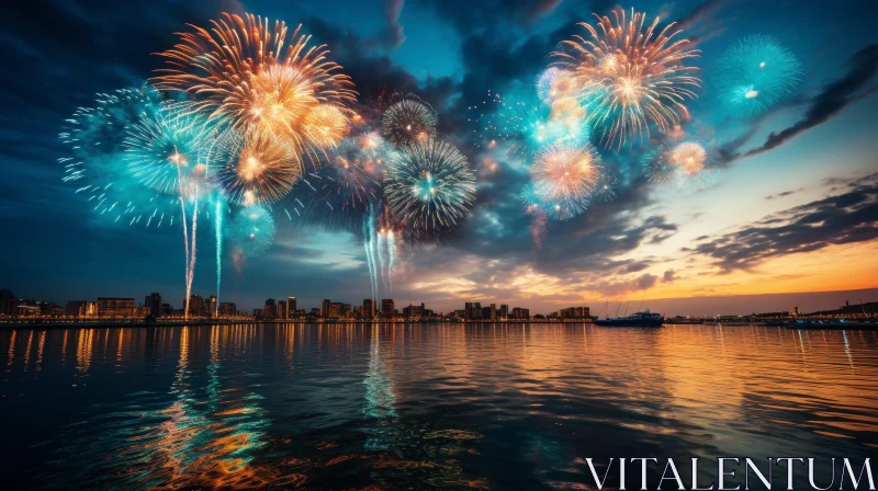AI ART Night Cityscape with Colorful Fireworks and River Reflection