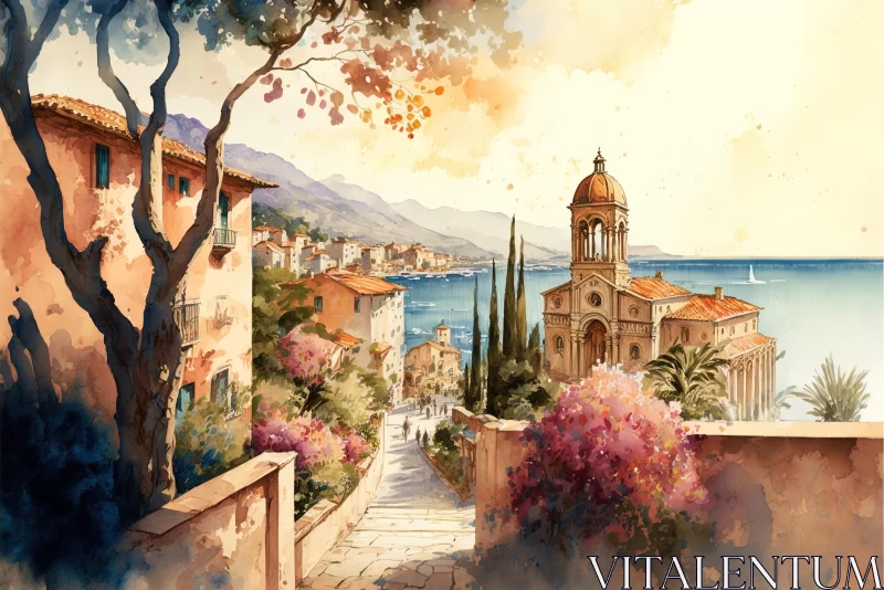 Oceanic Splendor: Captivating Watercolor Painting of a Coastal Town AI Image