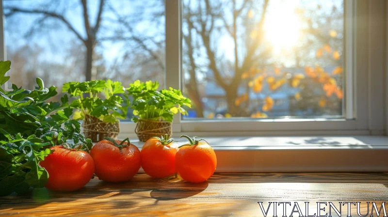 Ripe Tomatoes and Parsley on Wooden Table with Sunlit Window AI Image