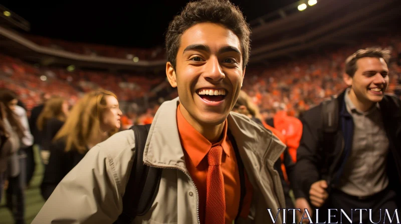 Smiling Young Man in Suit at Night Stadium Crowd AI Image