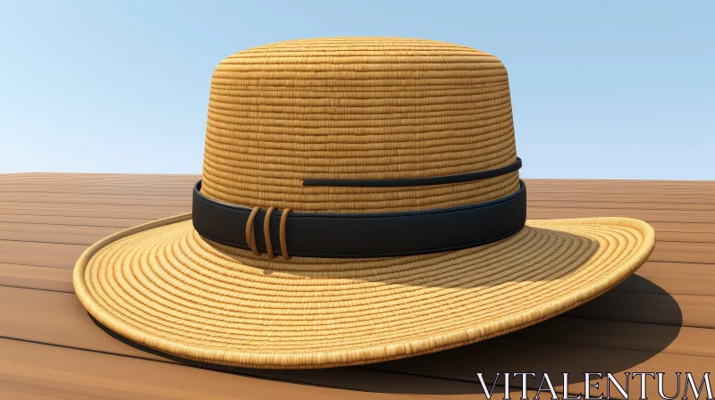 Straw Hat 3D Rendering on Wooden Table AI Image