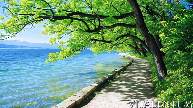 Tranquil Lakeside Promenade with Snow-Capped Mountain View AI Image