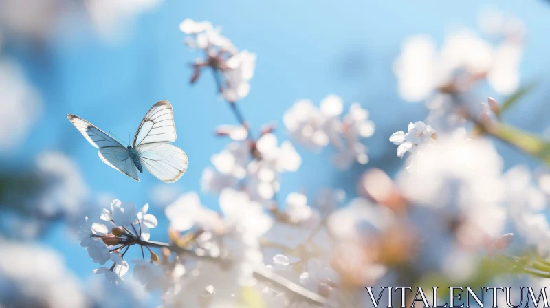 White Butterfly and Cherry Blossoms in Flight AI Image