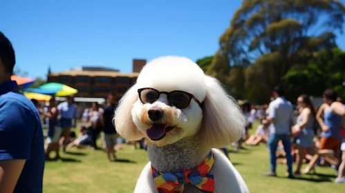 White Poodle Dog with Sunglasses and Bow Tie on Green Lawn