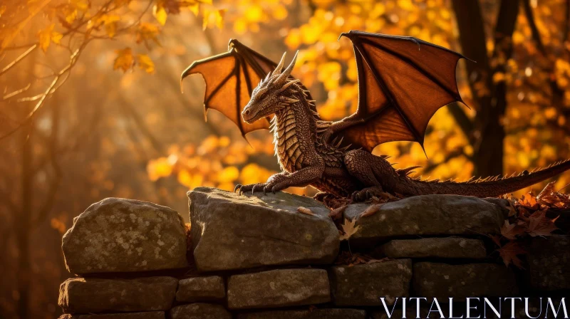 Brown Dragon Digital Painting on Stone Wall in Forest AI Image