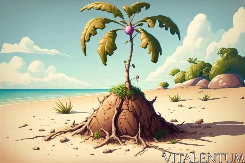 Cartoon Illustration of a Palm Tree at the Beach - Surreal Cyberpunk Style AI Image