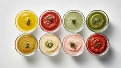 Colorful Glass Bowls with Sauces and Garnish