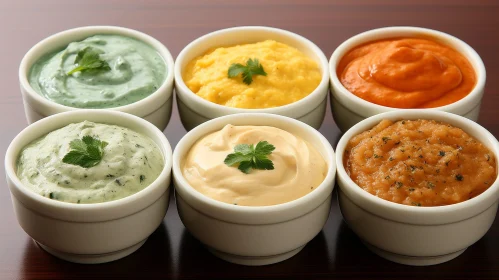 Culinary Delights: Six White Ceramic Bowls with Colorful Sauces