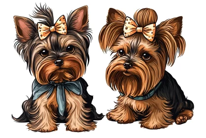 Detailed Colored Cartoon Style Portraits of Yorkshire Terriers with Bows
