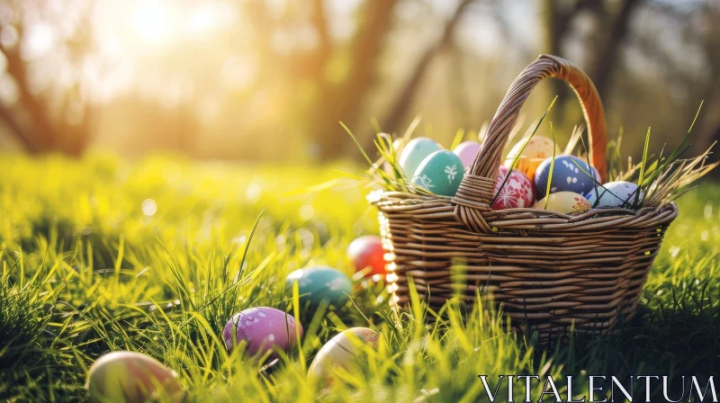 AI ART Easter Eggs in Wicker Basket on Meadow - Sunny Forest Background