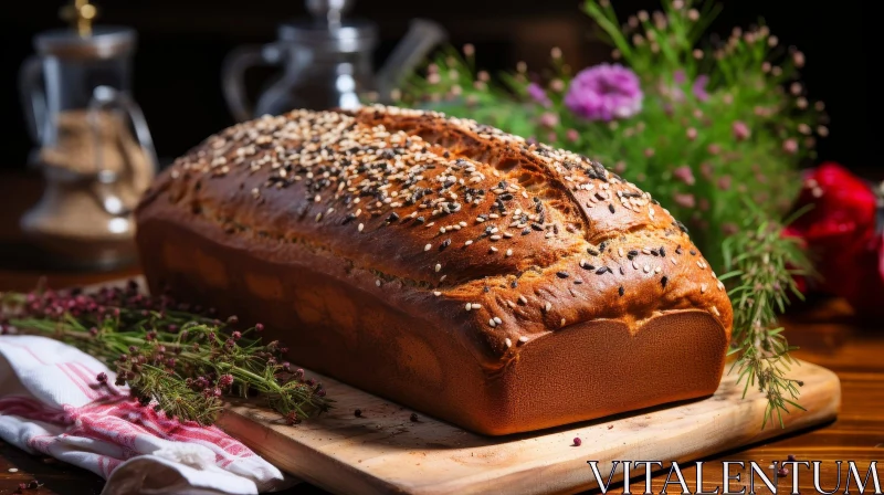 Golden Crusted Bread on Wood Cutting Board AI Image