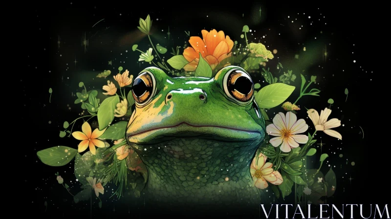 Green Frog Digital Painting with Flowers and Leaves AI Image
