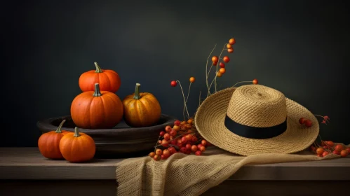 Rustic Still Life with Pumpkins and Straw Hat