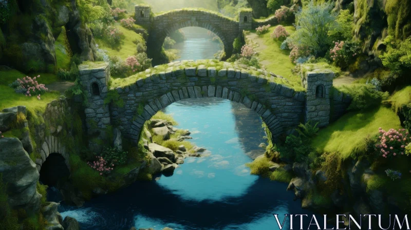 Tranquil Nature Scene: Stone Bridge over River AI Image