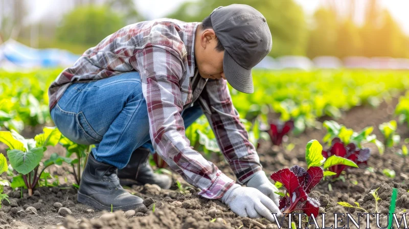 Young Male Farmer Planting Seedlings in Field AI Image
