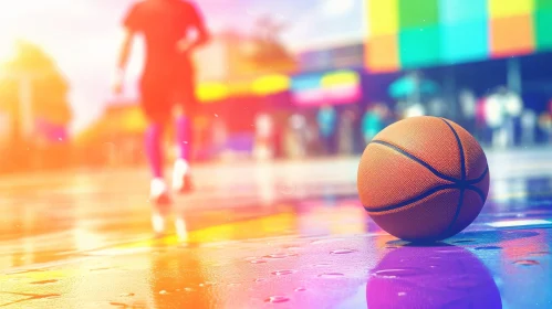 Basketball on Wet Court with Blurred Player - Dynamic Scene