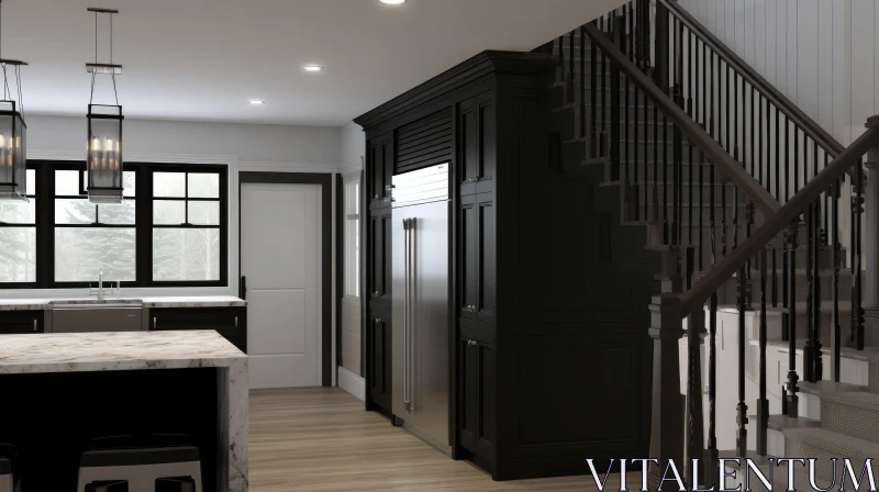 Contemporary Kitchen with Black Fridge and Wood Staircase AI Image
