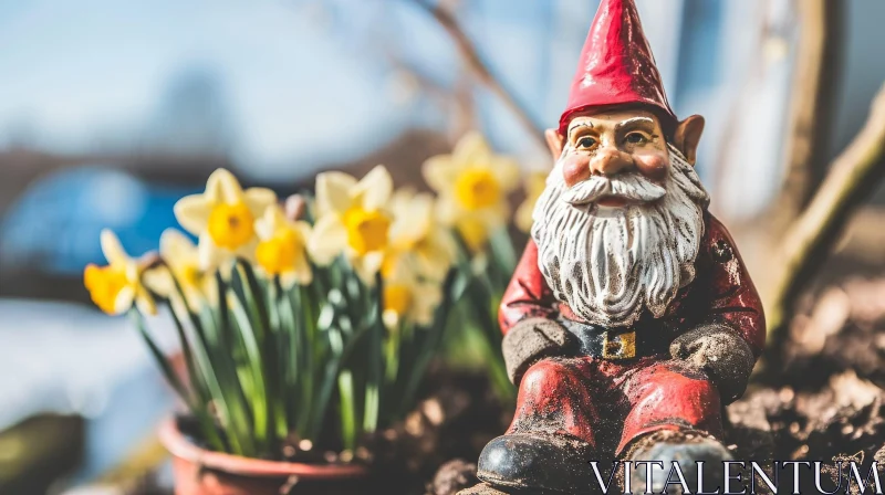 Enchanting Garden Gnome with Daffodils AI Image