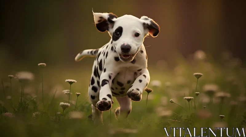 Playful Dalmatian Puppy Running in Green Field with White Flowers AI Image