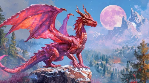 Red Dragon in Mountainous Landscape - Digital Painting