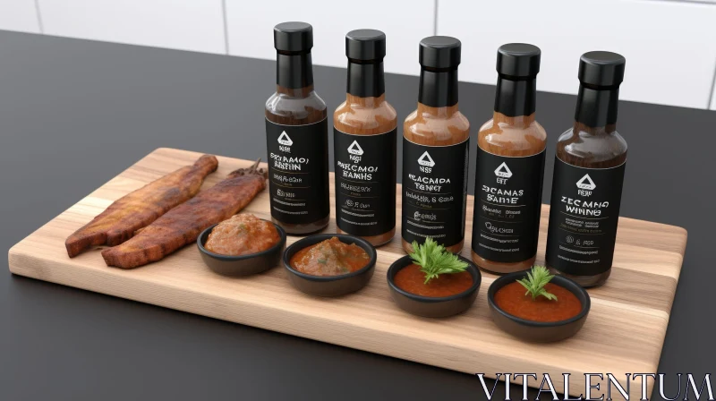 Spicy Food and Hot Sauce on Wooden Cutting Board AI Image