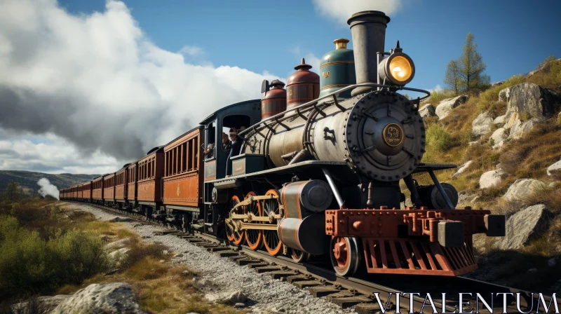 AI ART Vintage Steam Locomotive on Mountain Railroad Track