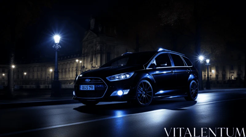 Black Car with Intense Headlight - Captivating Night Scene AI Image
