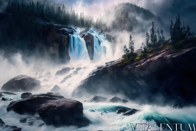 Captivating Waterfall Painting | Majestic Mountains | Atmospheric Portraits AI Image