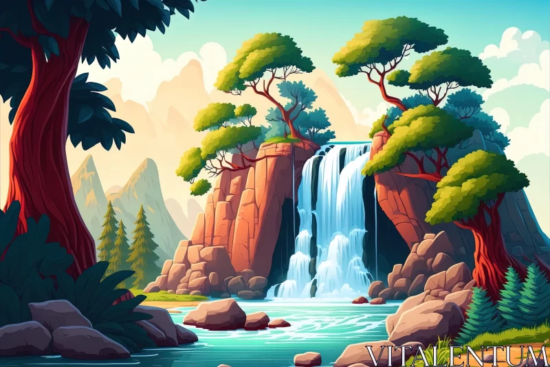 Cartoon-Style Waterfall in a Hyper-Detailed Landscape Scene AI Image