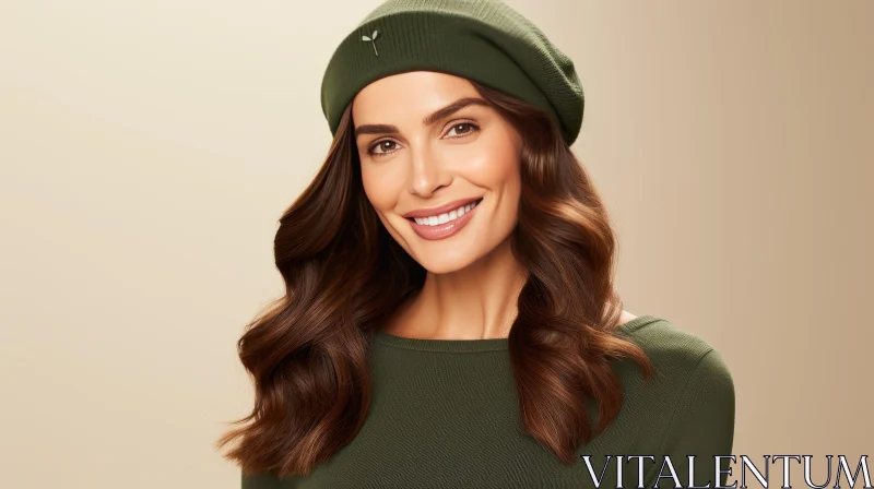Charming Young Woman Portrait in Green Beret and Sweater AI Image