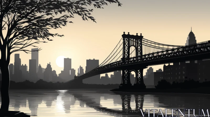 Cityscape Digital Painting with Bridge and River AI Image
