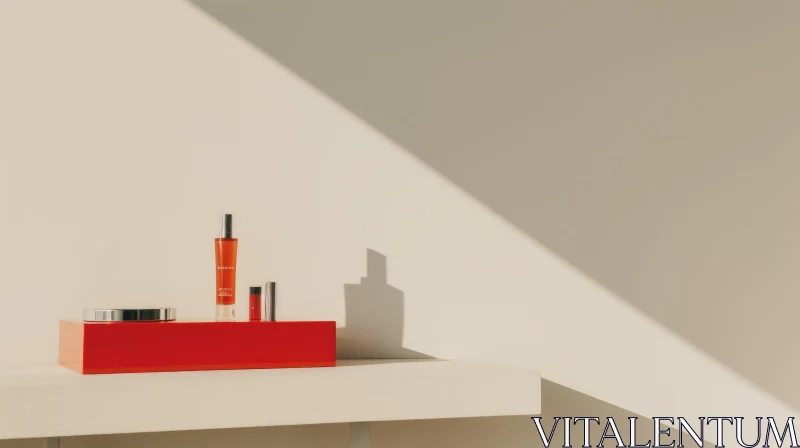 Cosmetic Bottles Product Shot on Red Podium AI Image
