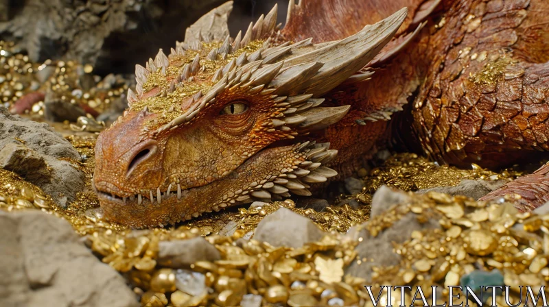 AI ART Majestic Dragon Close-Up on Gold Hoard in Dark Cave