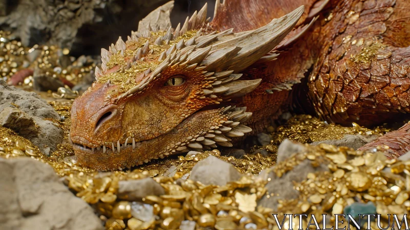 Majestic Dragon Close-Up on Gold Hoard in Dark Cave Majestic Dragon Close-Up on Gold Hoard in Dark Cave