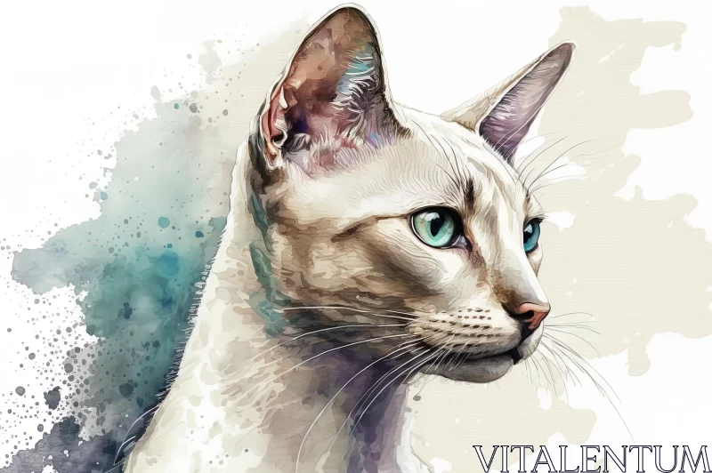 Stunning Watercolor Portrait of Siamese Cat | Beige and Aquamarine AI Image