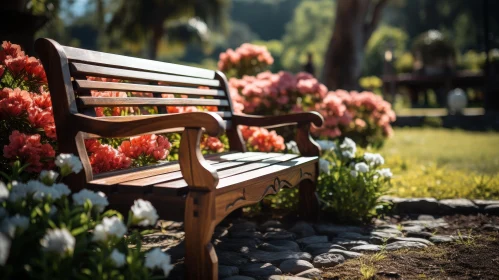 Tranquil Park Bench in Flower Garden
