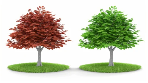 Unique 3D Rendering of Contrasting Trees on Grass