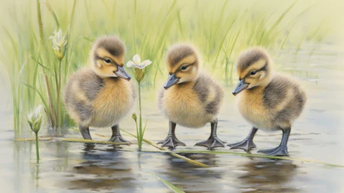 Adorable Ducklings in Pond with White Flower