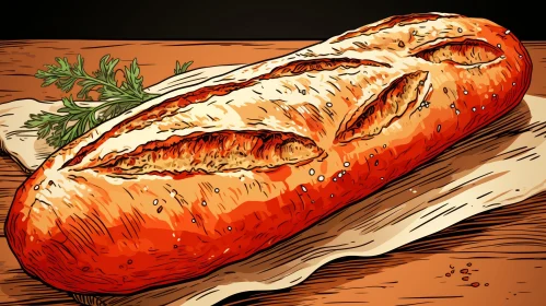 Baguette Digital Painting on Wooden Table