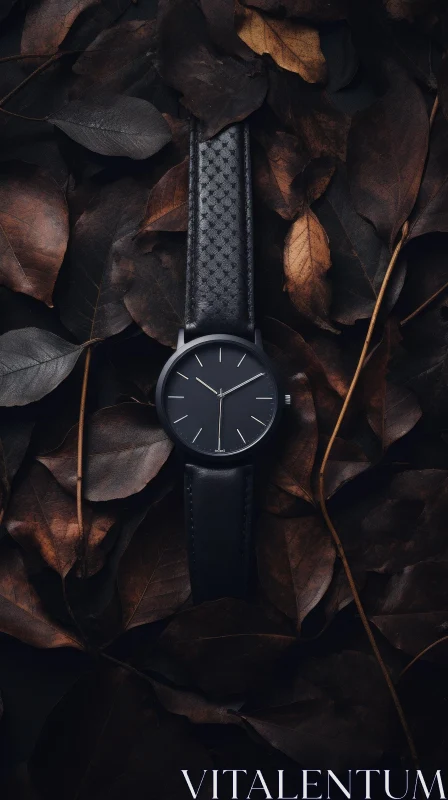 Black Wristwatch on Autumn Leaves - Product Shot AI Image