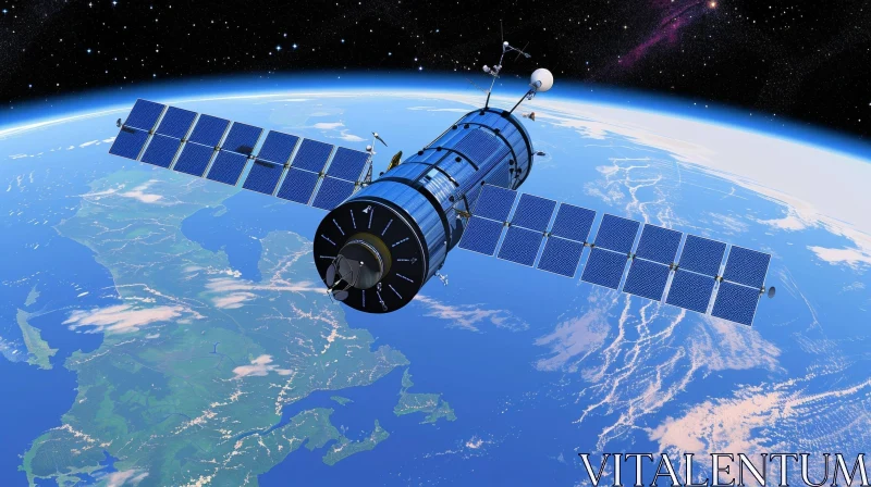 AI ART Blue Satellite Orbiting Earth with Solar Panels